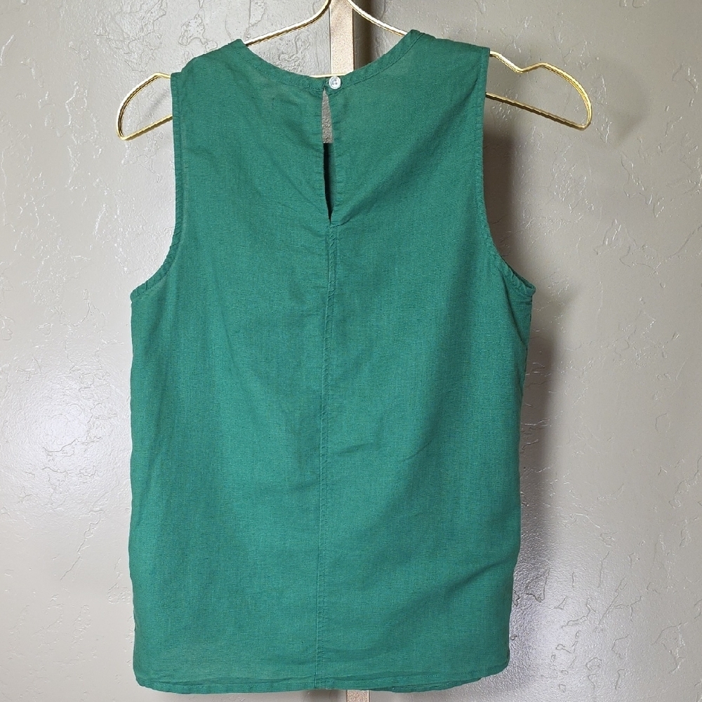 J. Crew Emerald Green Sleeveless Blouse with Ivory Embroidery Cotton Linen Top - Picture 7 of 11